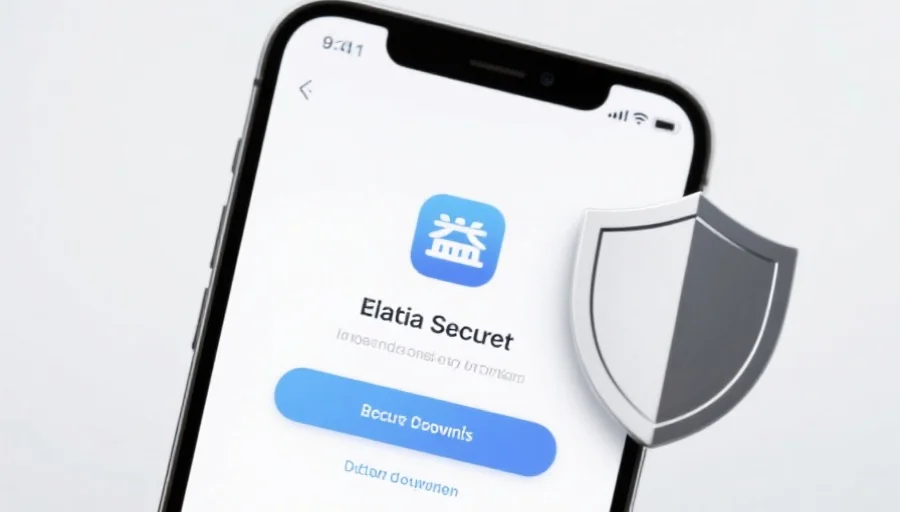 一部现代智能手机屏幕上显示富邦应用的安全下载界面，旁边有安全盾牌图标，背景简洁