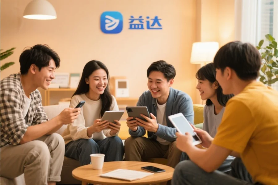 一群年轻用户围坐在一起，使用平板和手机愉快地交流，背景温馨现代，象征富邦应用的社区活跃氛围